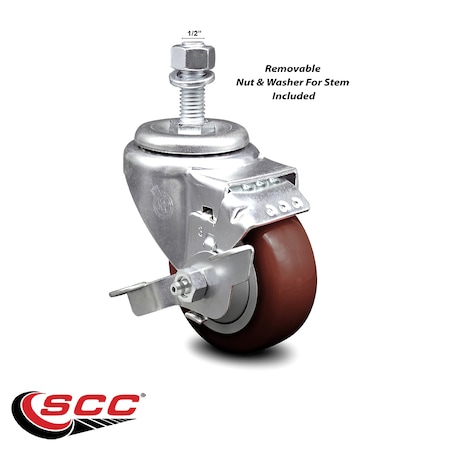 Service Caster 3.5 Inch Maroon Polyurethane Wheel Swivel 1/2 Inch Threaded Stem Caster with Brake SCC-TS20S3514-PPUB-MRN-TLB-121315